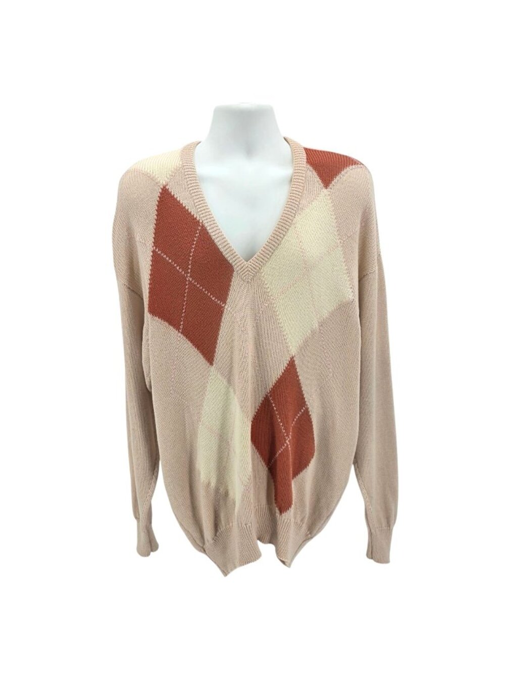 Vintage Pringle of Scotland Mens Large Sweater Lambswool Argyle Knit V-neck